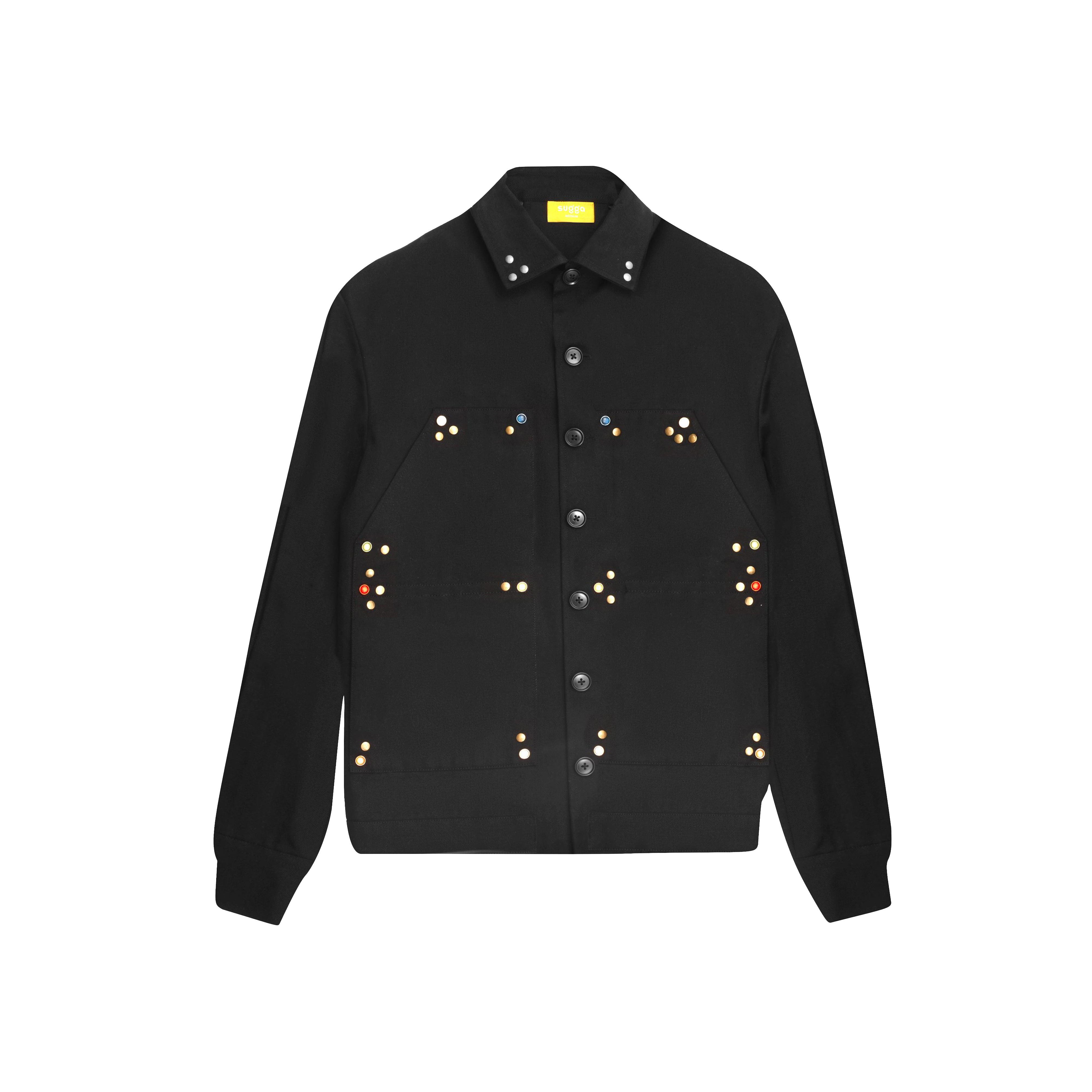 Black streetwear jacket with front buttons and colorful metal stud accents, laid flat on white background