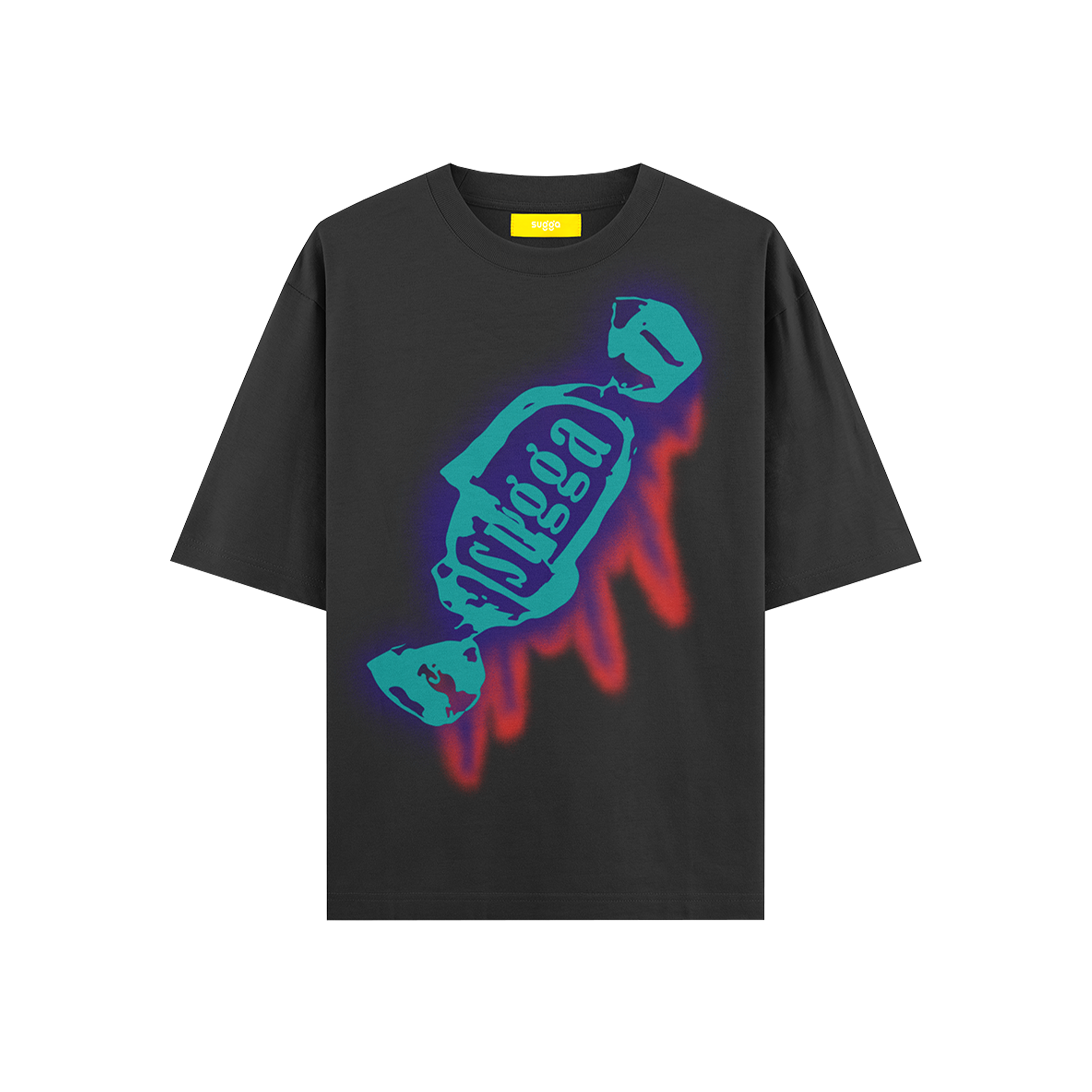 Black streetwear t-shirt with blue candy graphic and red flame design on front