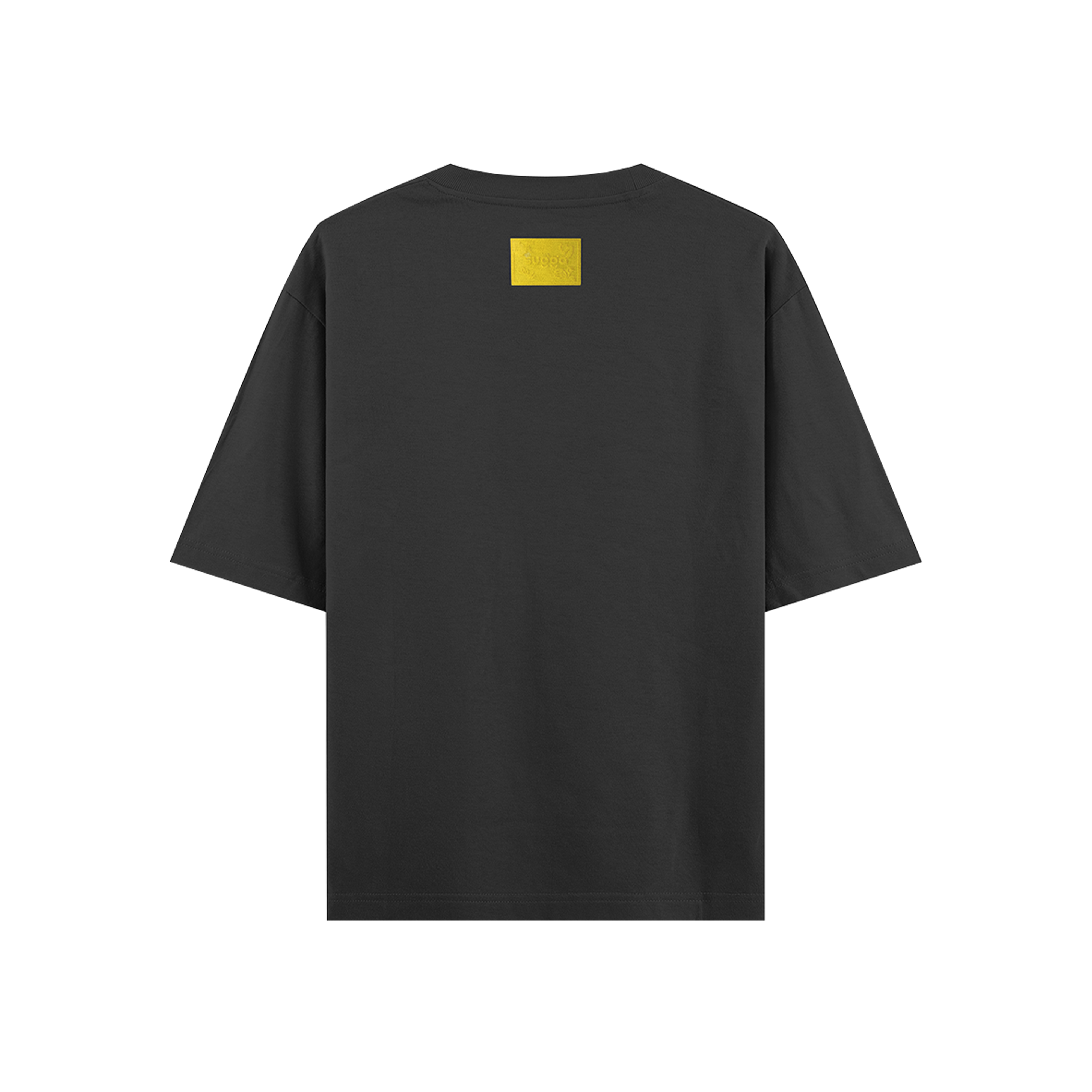 Black streetwear t-shirt with a yellow patch on the upper back, oversized fit