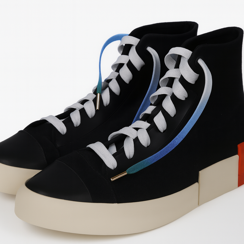 Black high-top sneakers with white laces and blue accents on a light gray background