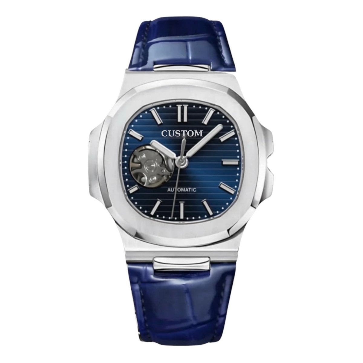 Build Your Own Nautilus Silver Blue Open Heart Leather Strap