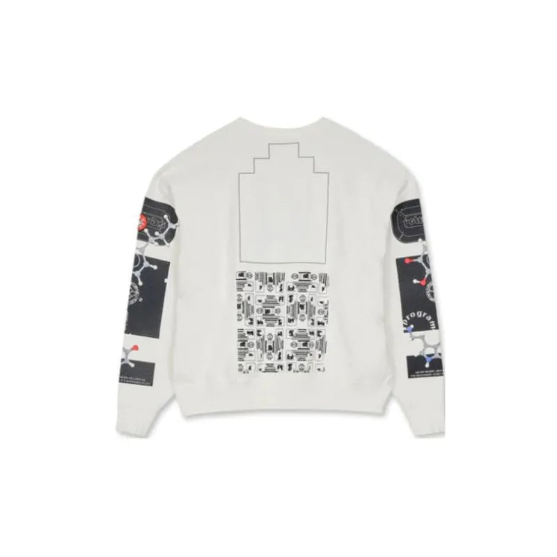 White streetwear sweatshirt with abstract black graphic prints on the back and sleeves