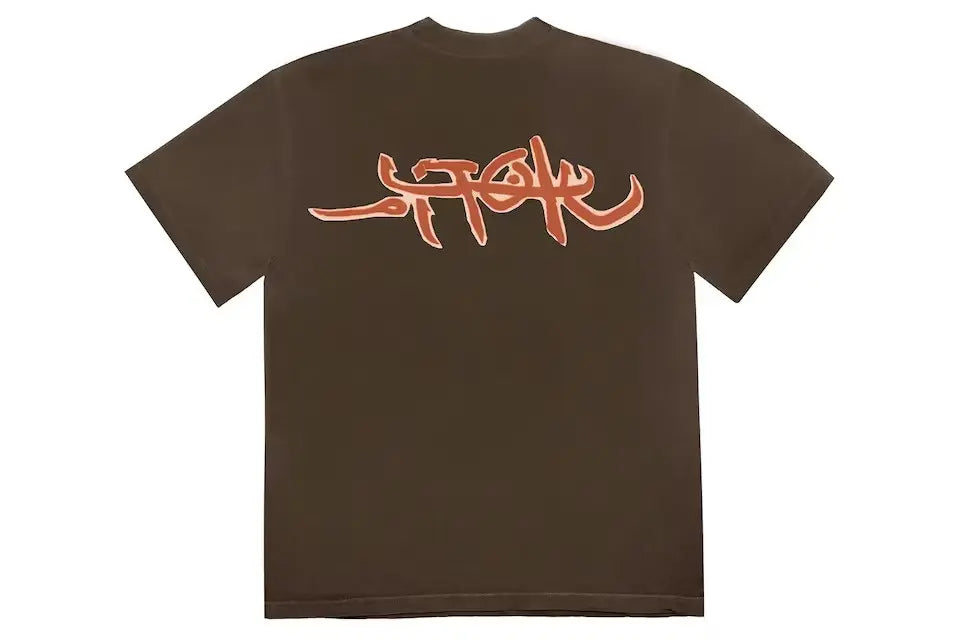 Brown streetwear t-shirt with bold orange graffiti-style back print, short sleeves