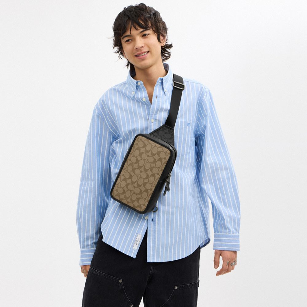 Coach Sullivan Pack In Blocked Signature Canvas Gunmetal Khaki Charcoal