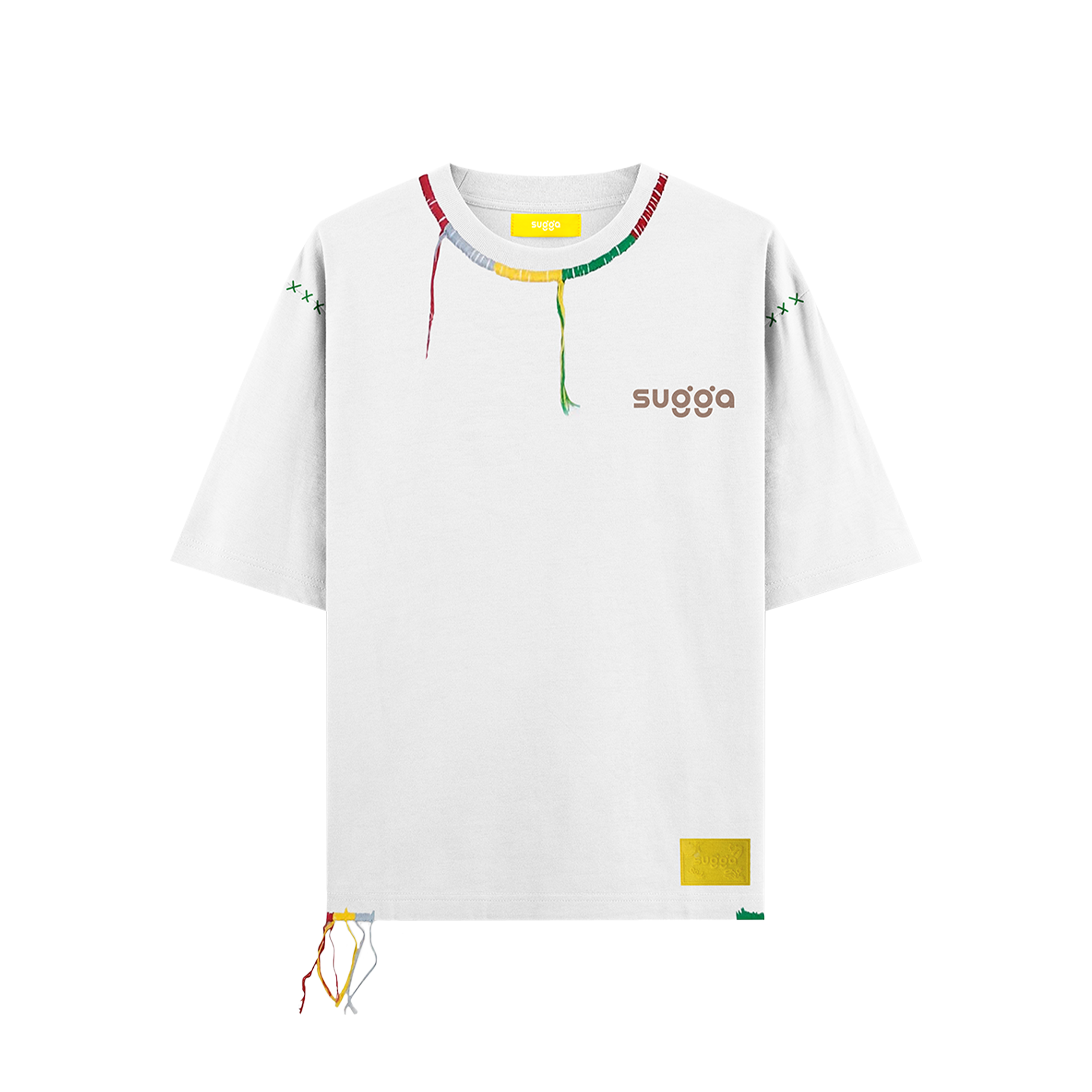White streetwear T-shirt with multicolor stitched details, 'sugga' logo, short sleeves