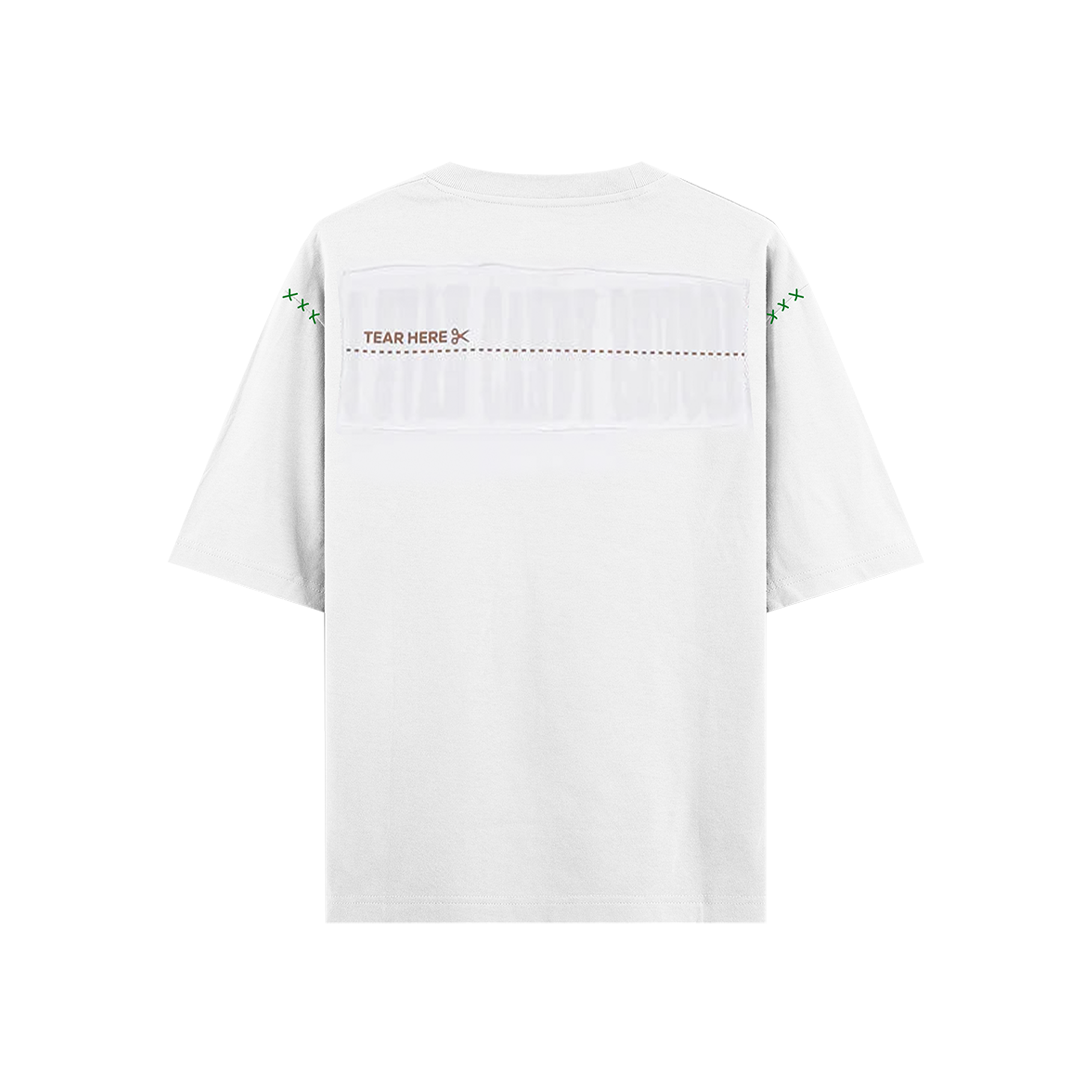 White streetwear t-shirt with 'tear here' graphic and green stitch details on sleeves