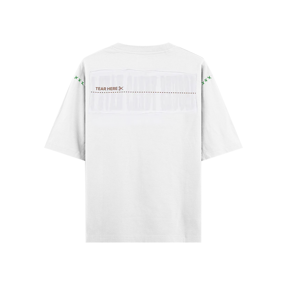 White streetwear t-shirt with 'tear here' graphic and green stitch details on sleeves