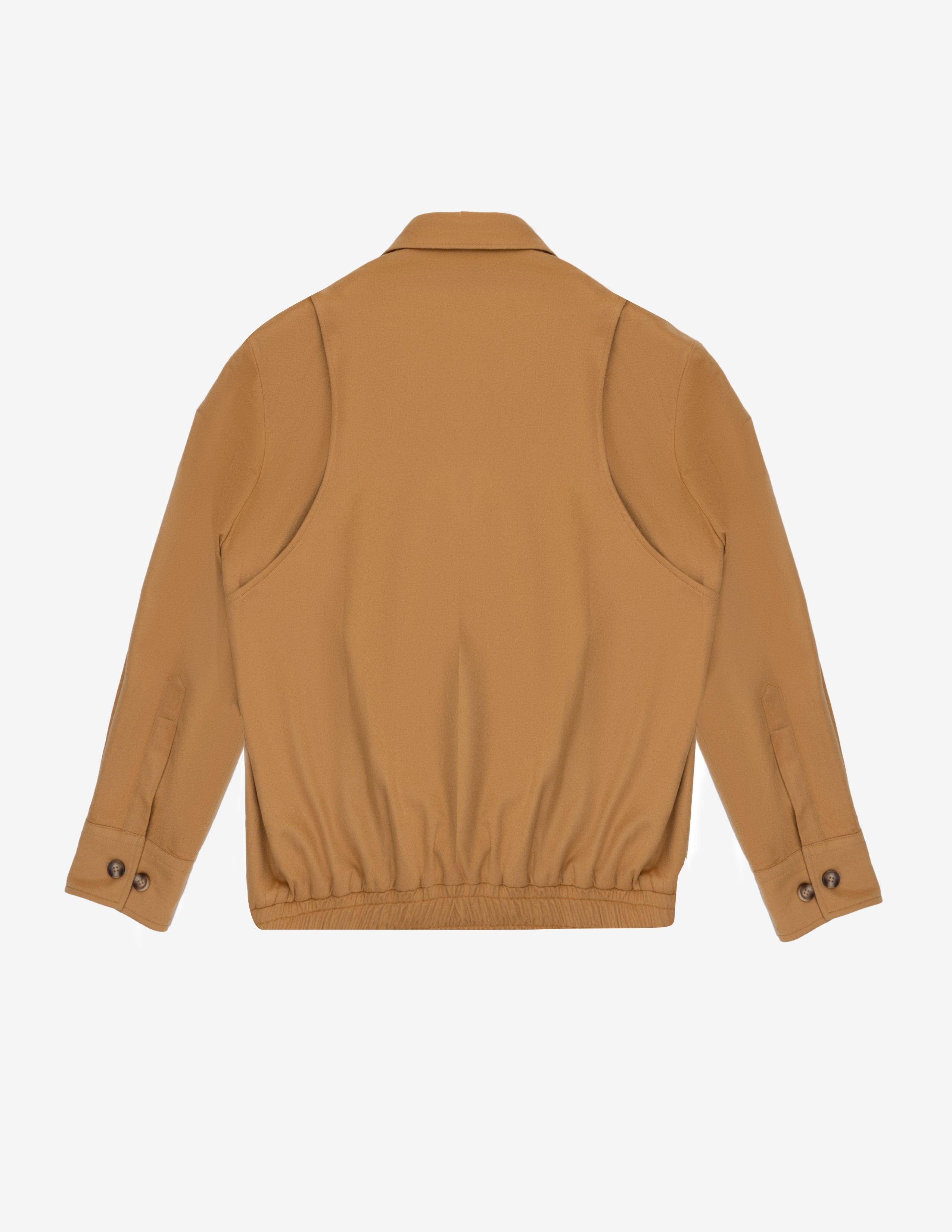 Back view of a camel brown cashmere bomber jacket with buttoned cuffs and elastic hem