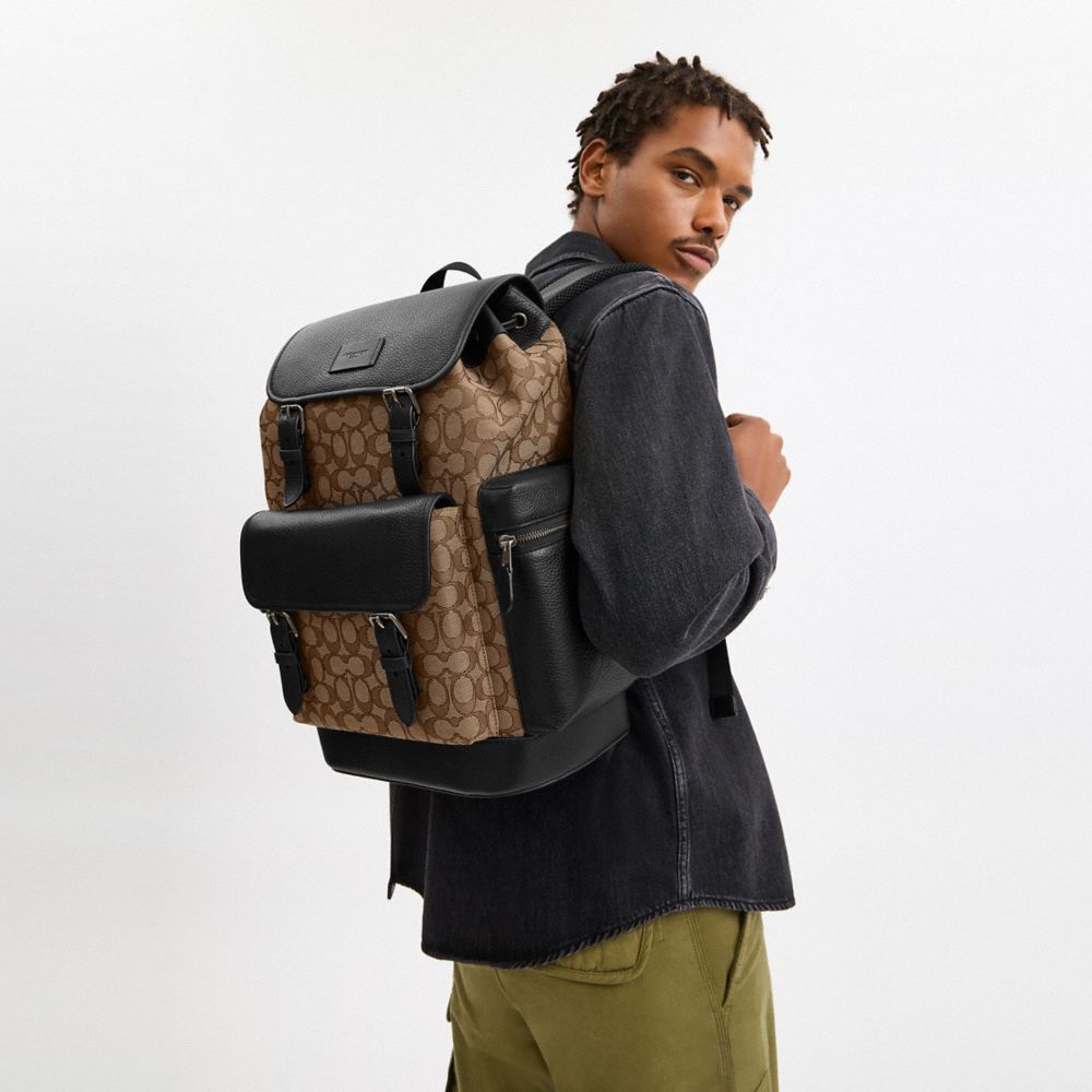 Coach Sprint Backpack In Signature Jacquard Gunmetal Tan Black