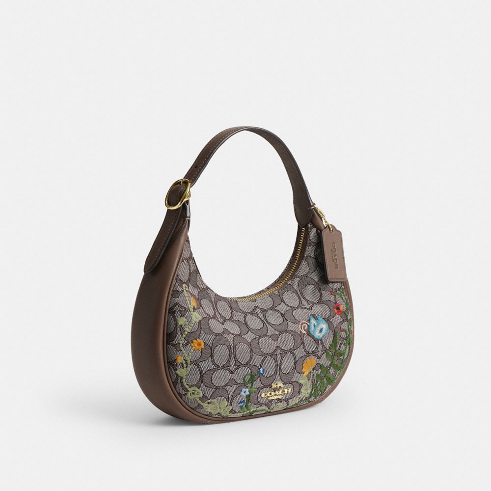 Coach Emily Shoulder Bag In Signature Jacquard With Floral Embroidery Gold Oak Multi