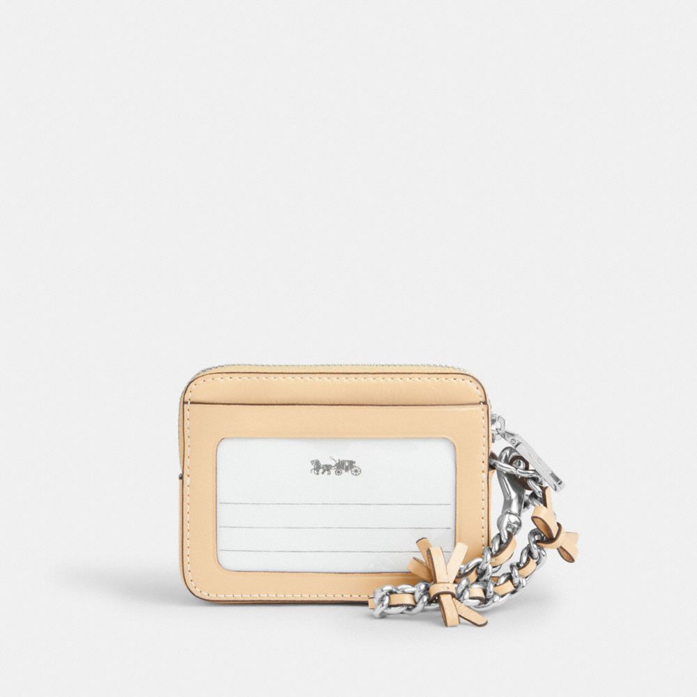 Coach Zip Card Case With Bows Silver Light Sand
