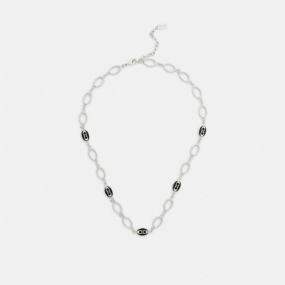 Coach Signature Link Enamel Chain Necklace Silver Black