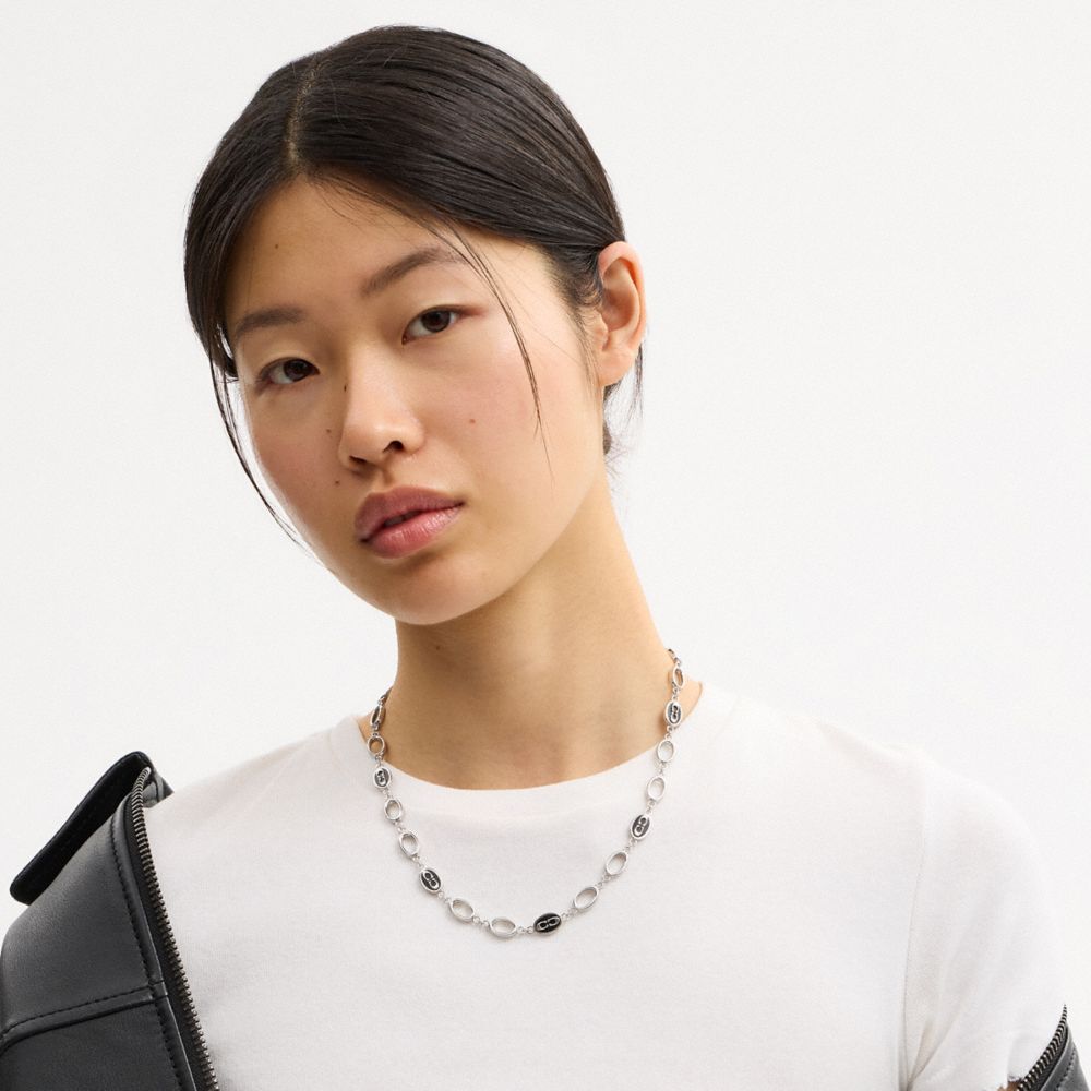 Coach Signature Link Enamel Chain Necklace Silver Black