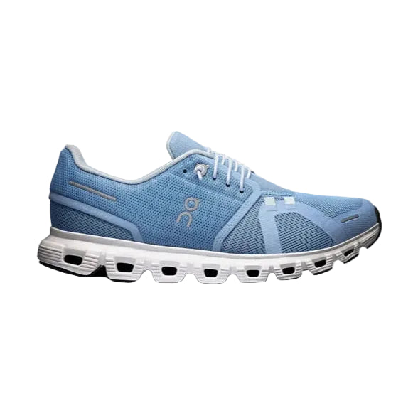 Chambray blue and white mesh sneaker with cushioned sole, modern streetwear design