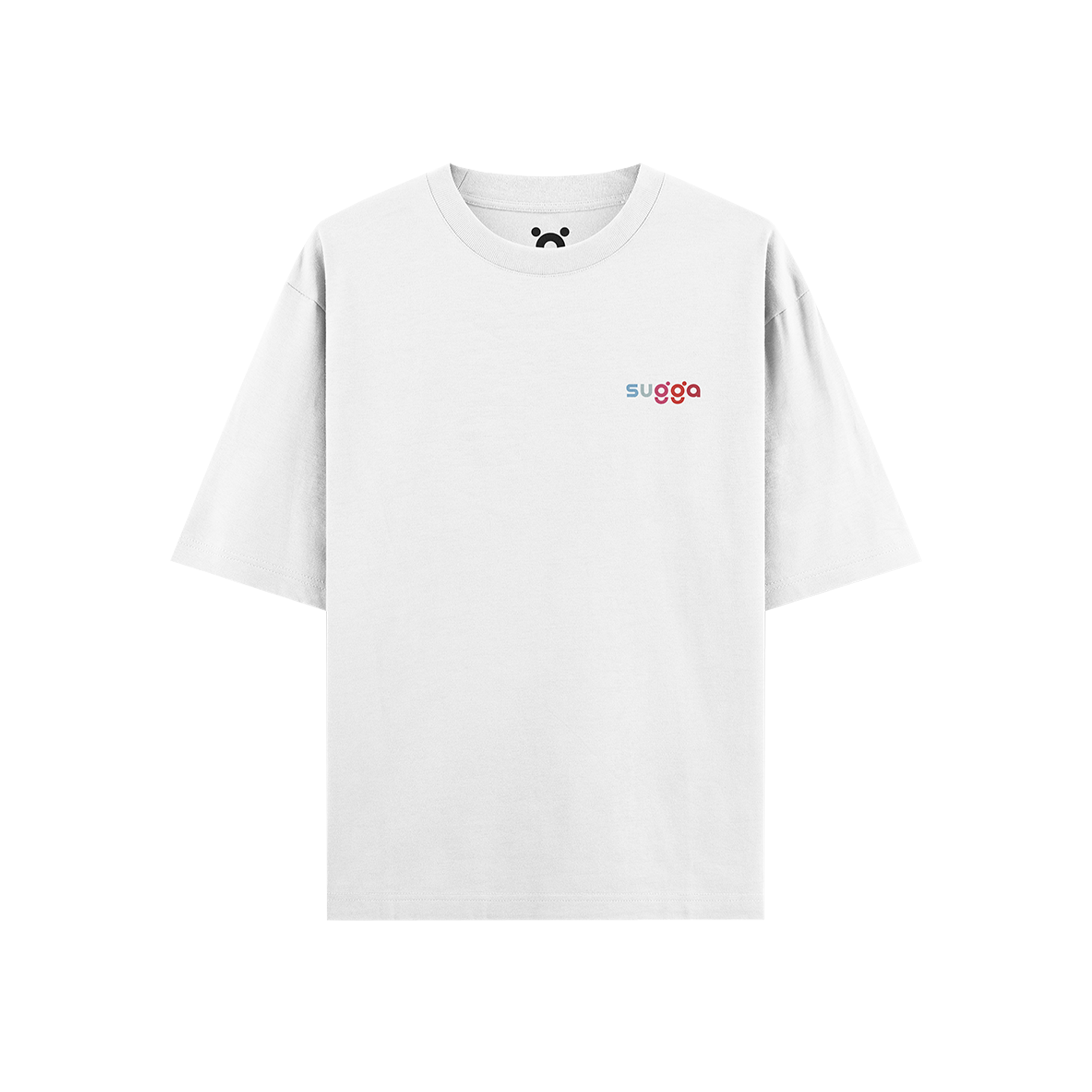 White streetwear t-shirt with small 'sugga' logo in blue and red on the chest