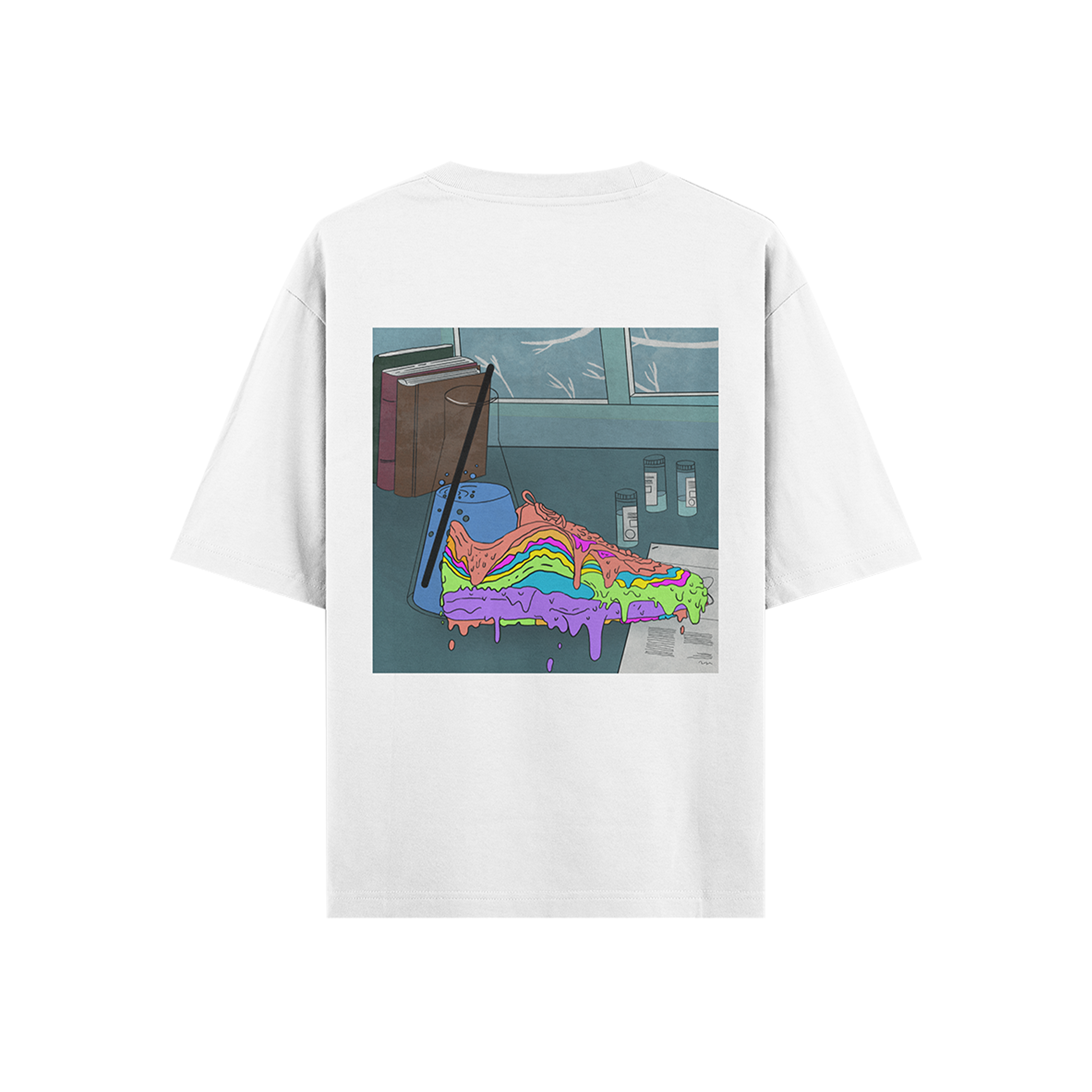 White streetwear t-shirt with graphic of colorful melting sneaker and lab setting on back.