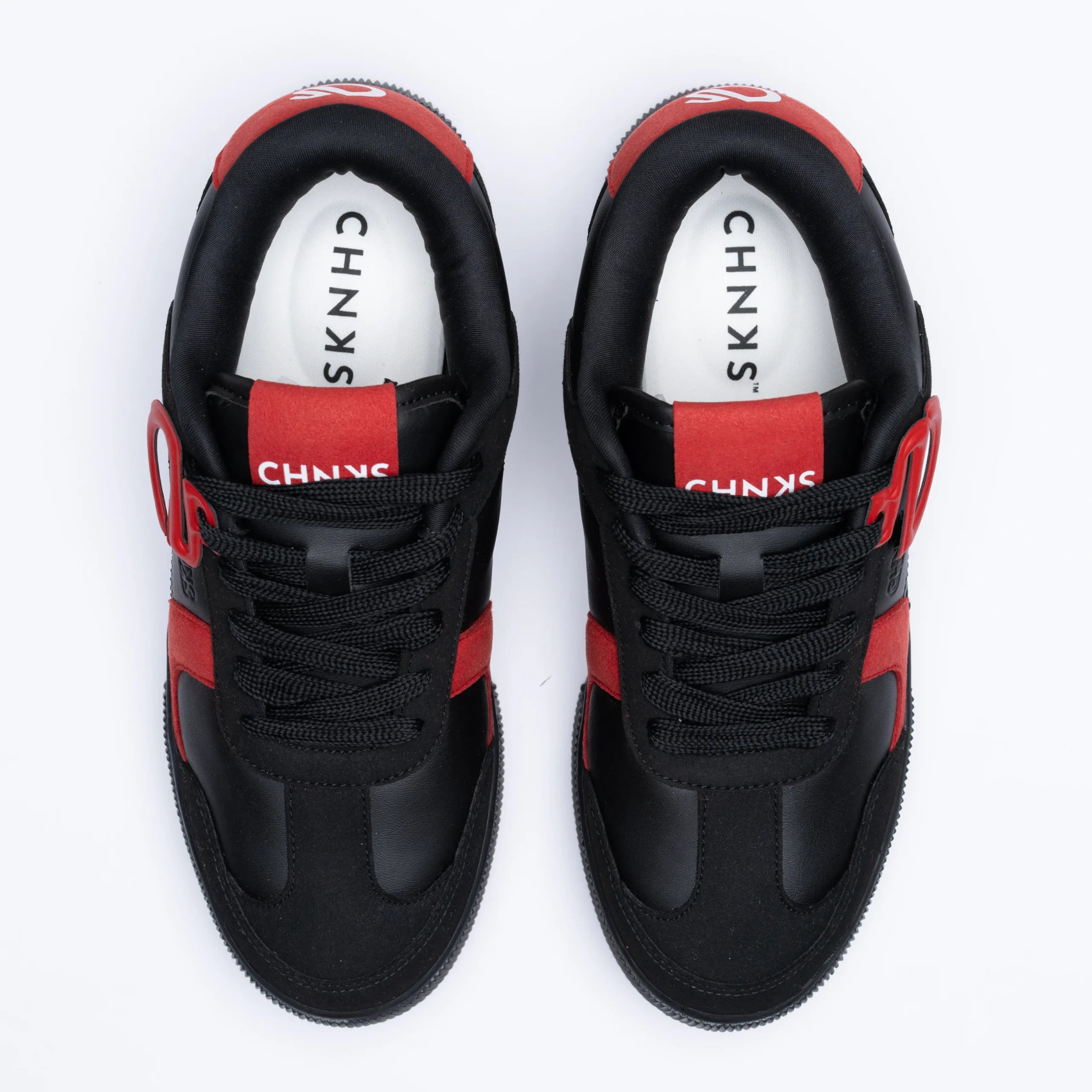 Top view of Vinyl CHNKS sneakers – breathable mesh upper in black and red