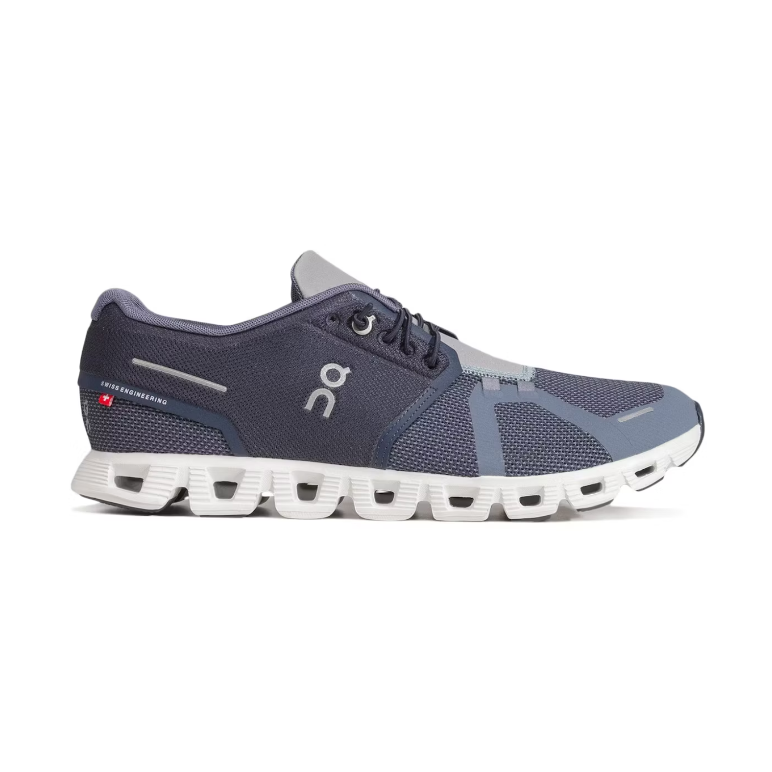 Navy and gray running shoe with white sole on a white background