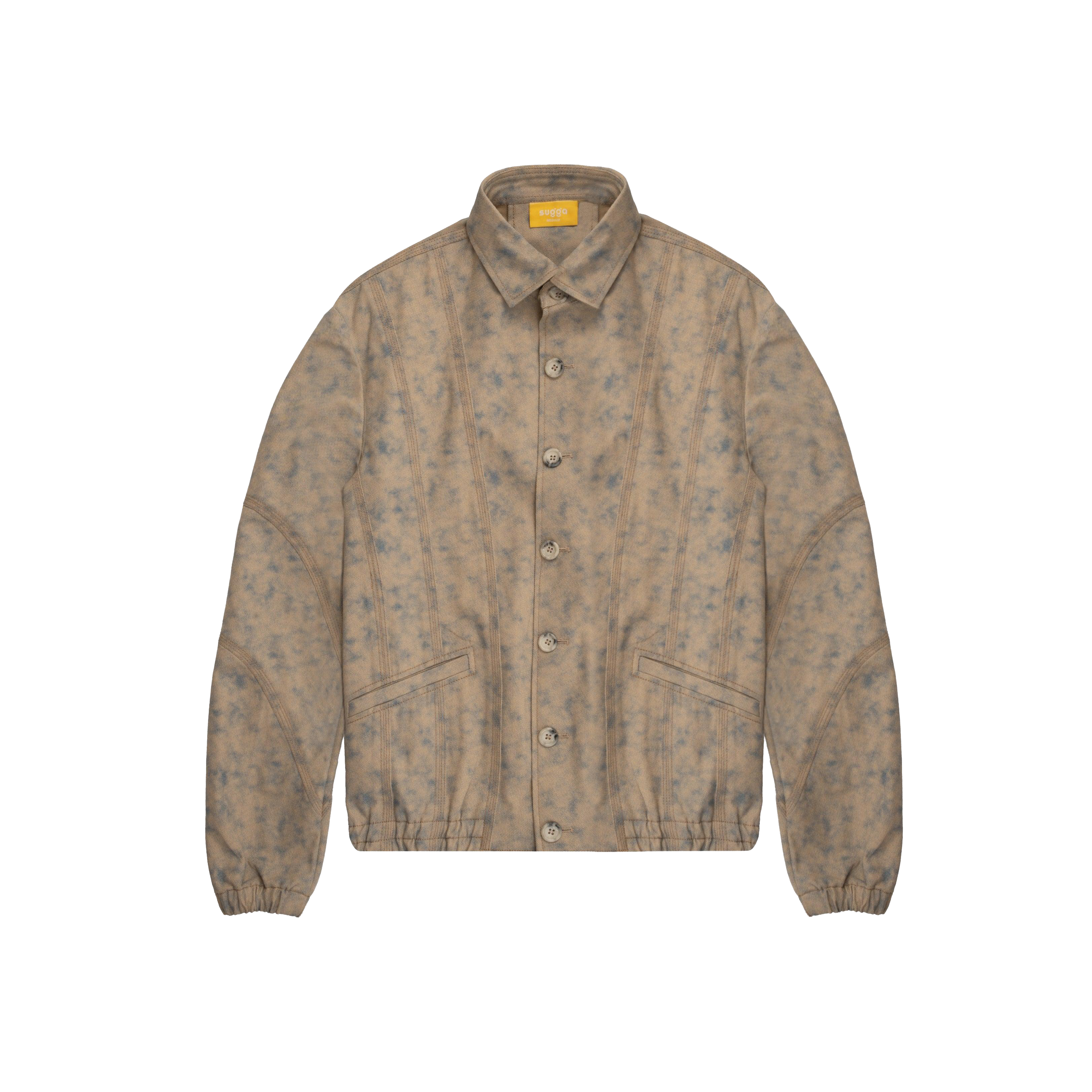 Beige cloud pattern streetwear jacket with button front, two pockets, and collar