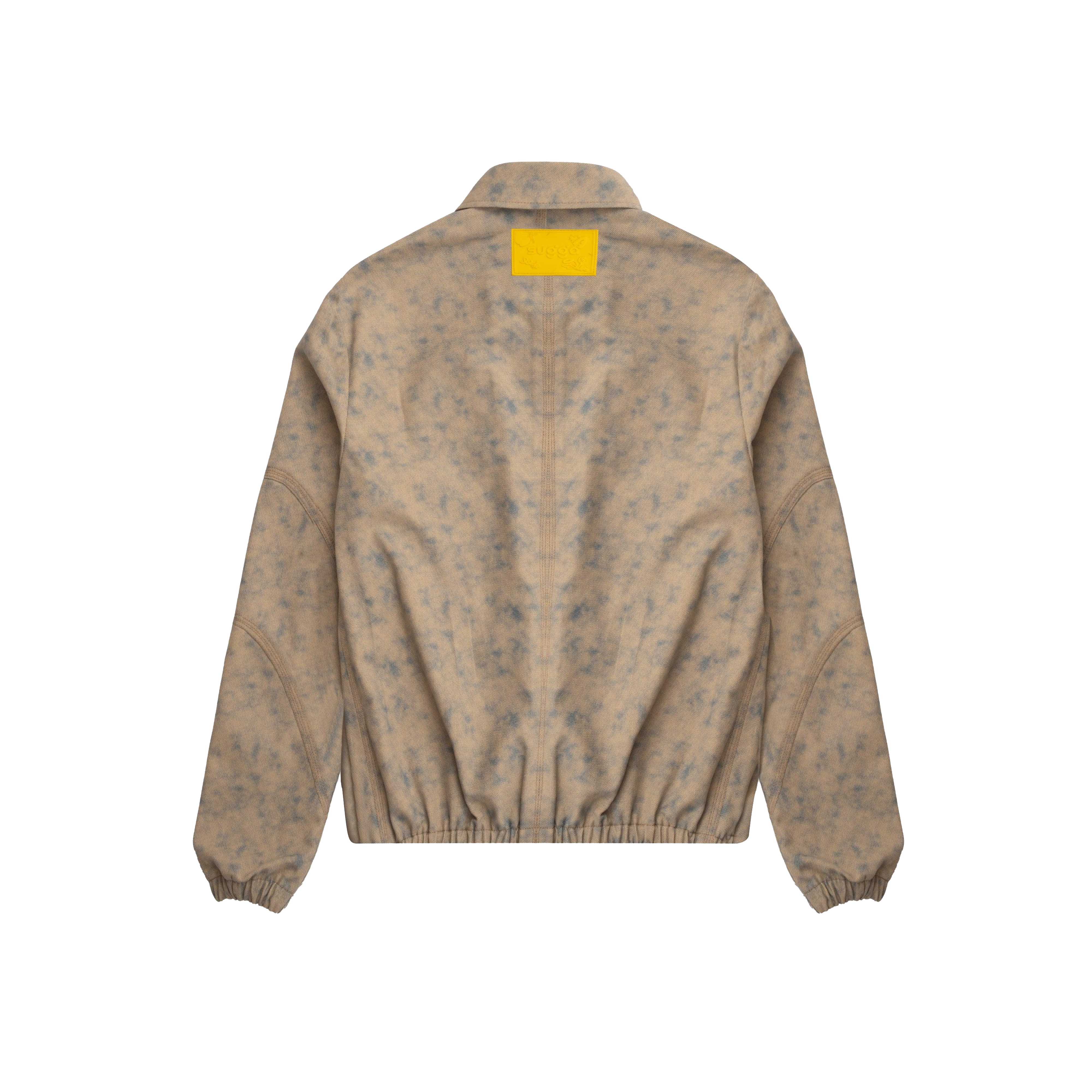 Beige cloud pattern streetwear jacket with elastic cuffs and yellow patch on the back