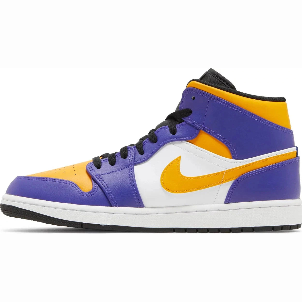Purple, yellow, and white high-top sneaker with black laces and yellow swoosh logo