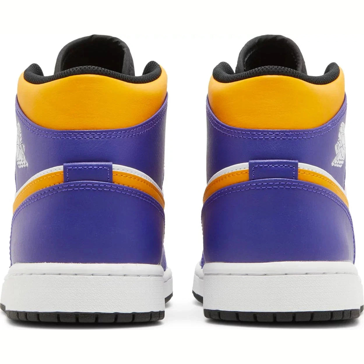 Rear view of purple and gold high-top sneakers with white midsoles and black outsoles