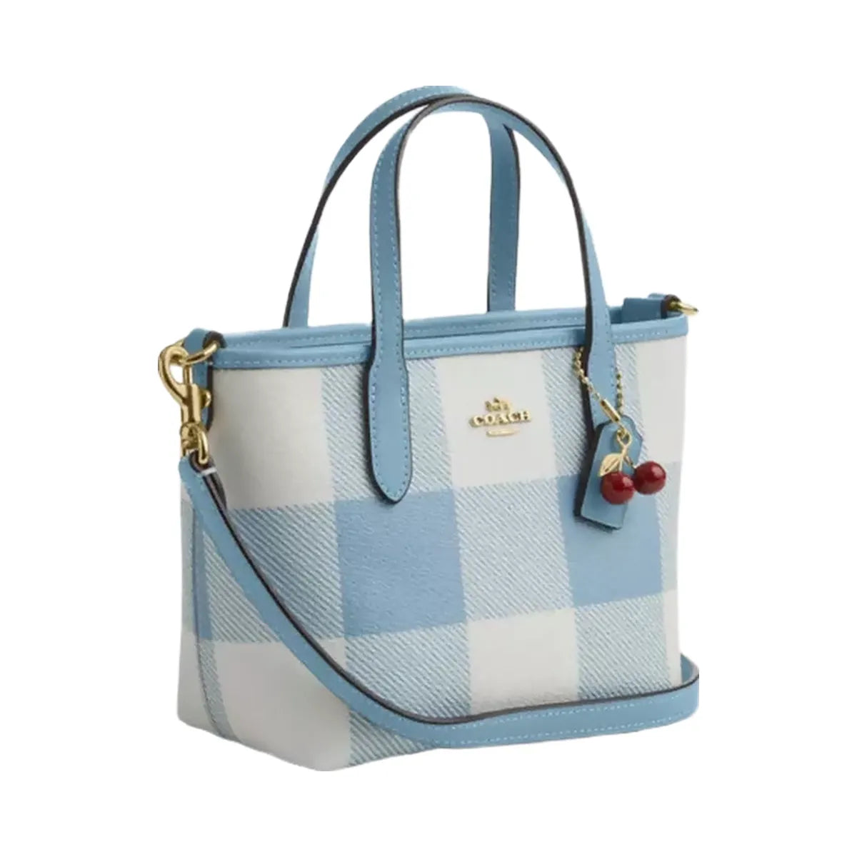 Coach City Mini Tote Bag With Gingham Print And Charm in Gold Blue Multi