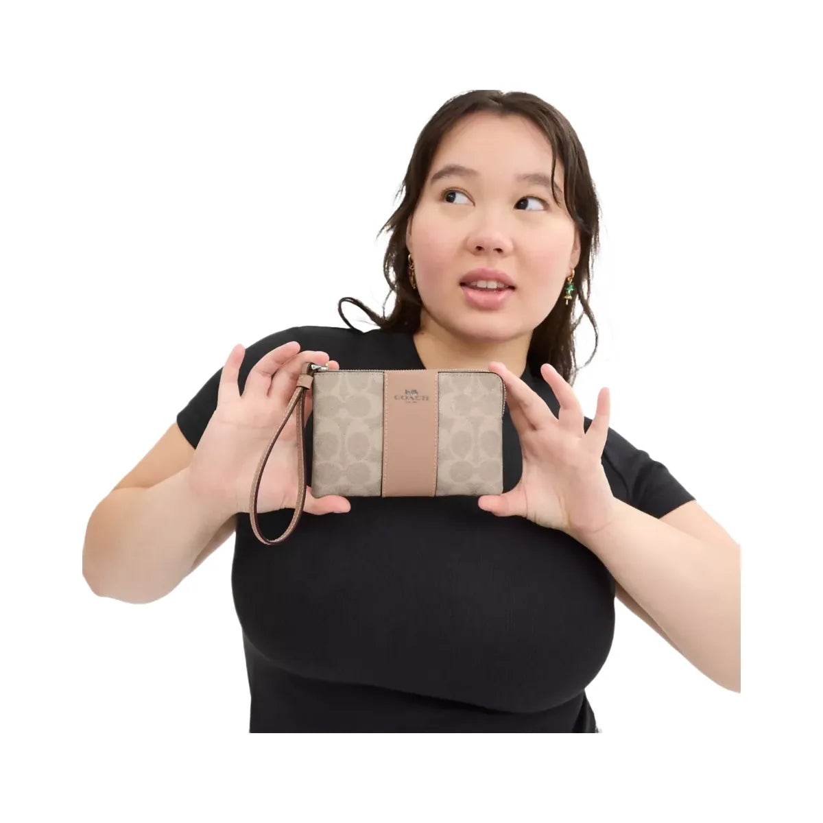 Coach Corner Zip Wristlet In Signature Canvas With Stripe in Silver Sand Taupe