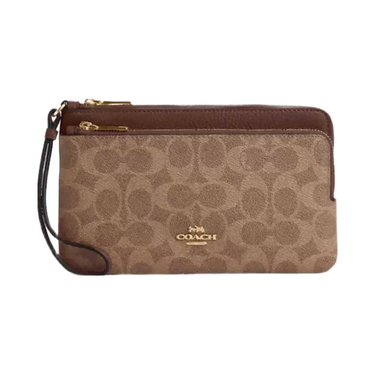 Coach Double Zip Wallet In Signature Canvas in Gold Tan Brown