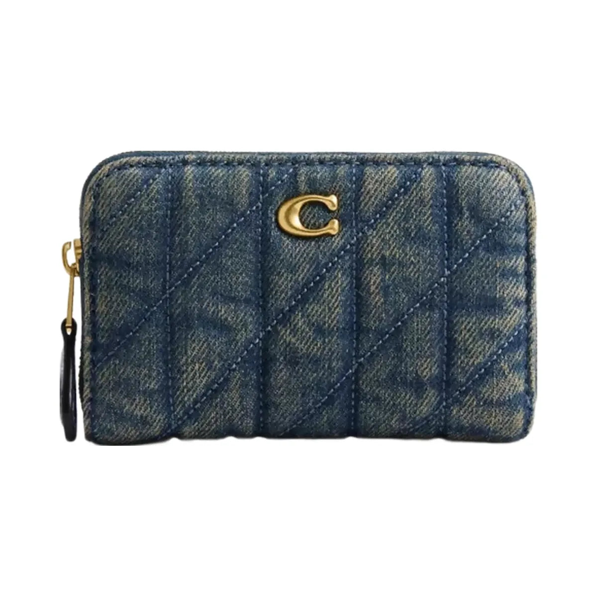 Coach Essential Small Zip Around Card Case In Regenerative Cotton Denim With Quilting in Brass Dark Indigo