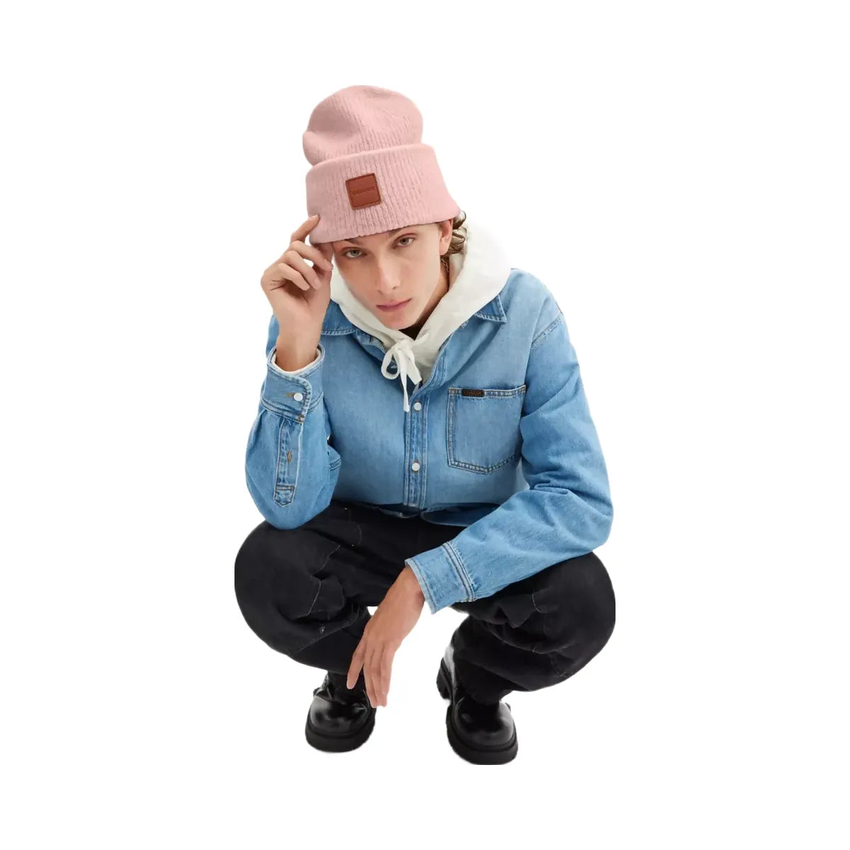 Coach Knit Beanie With Leather Patch in Peach