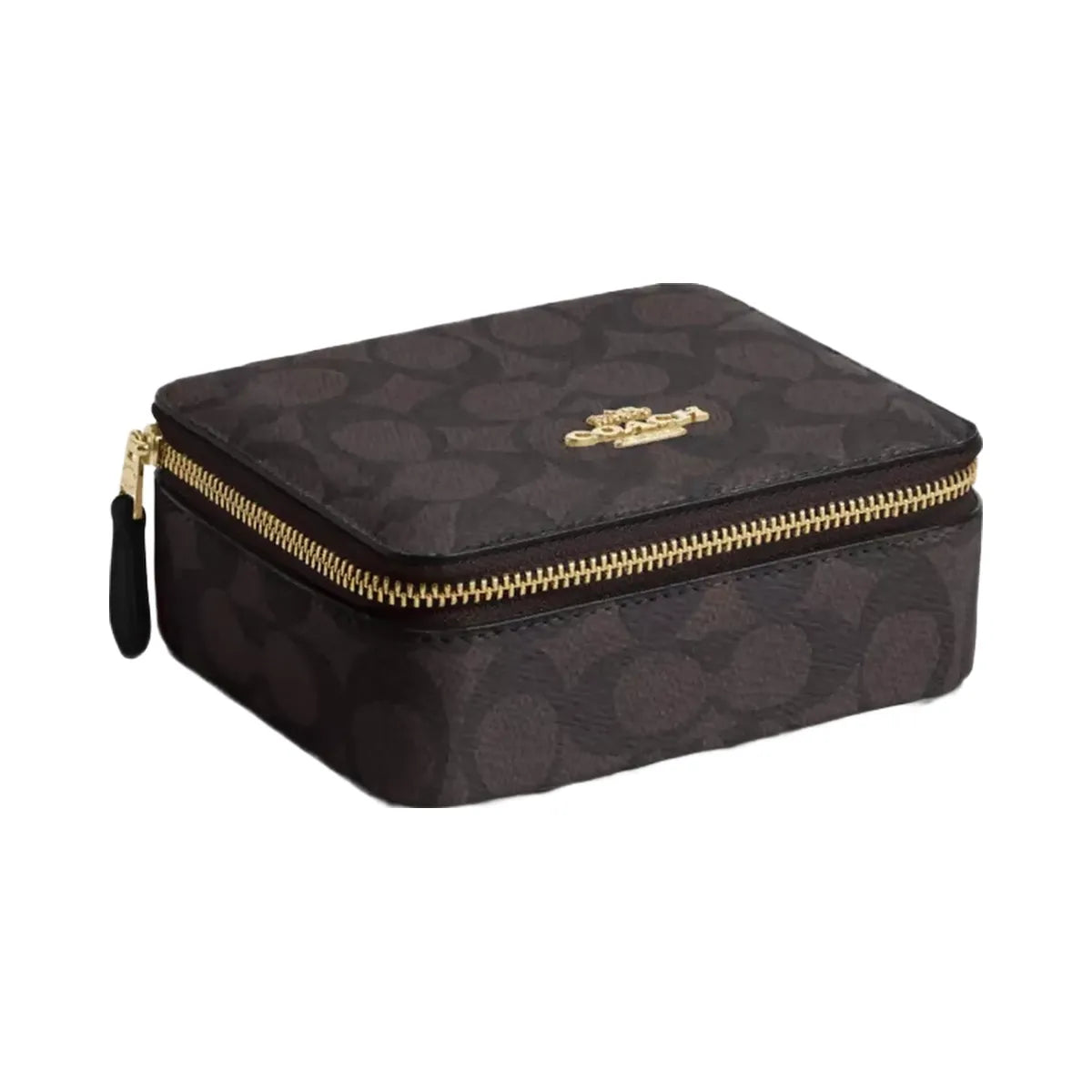 Coach Large Jewelry Box In Signature Canvas in Gold Walnut Black