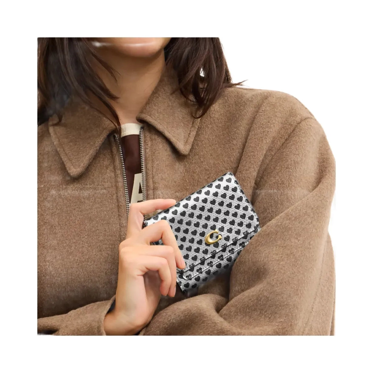 Coach Mila Small Flap Wallet With Heart Print in Brass Silver Black Multi