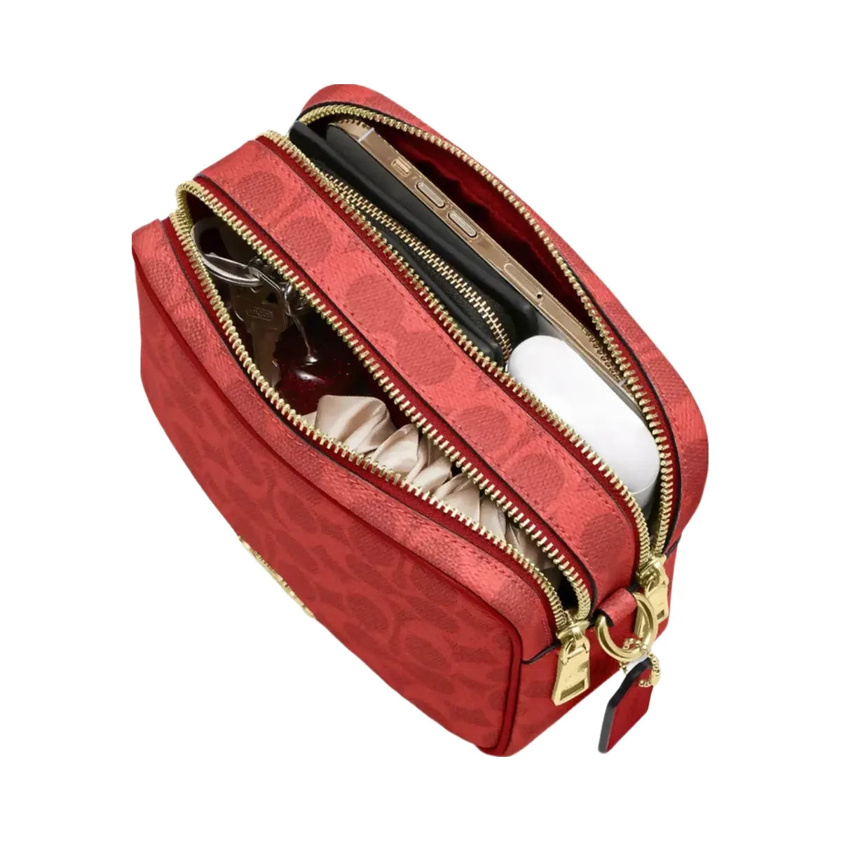 Coach Mini Carey Crossbody Bag In Signature Canvas in Gold Crimson