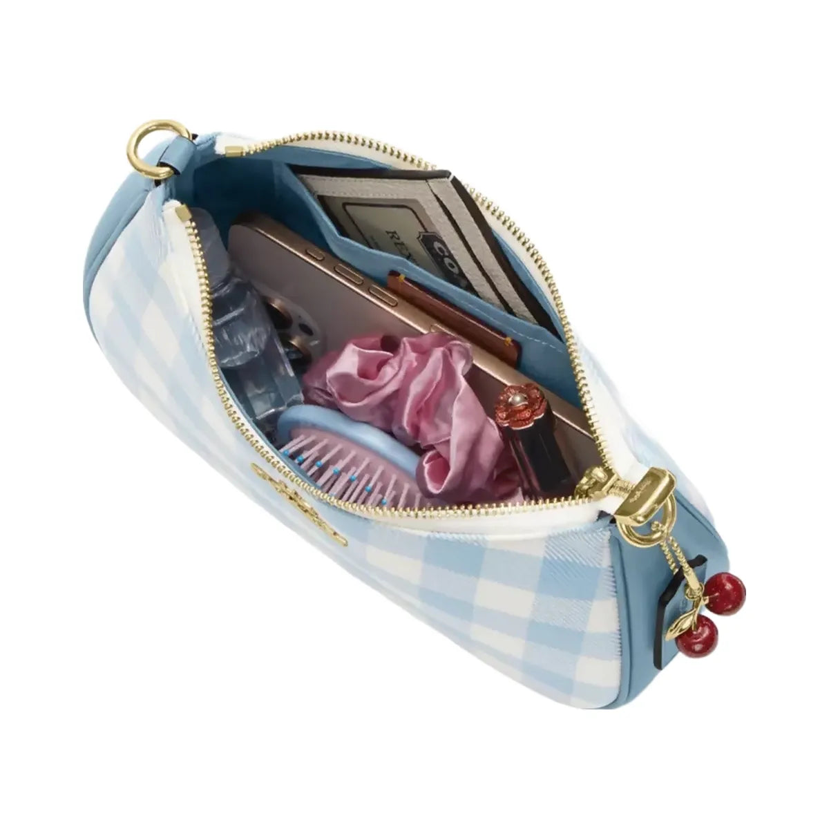 Coach Teri Shoulder Bag With Gingham Print And Charm in Gold Blue Multi
