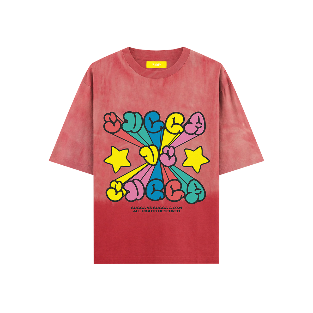 Red tie-dye streetwear t-shirt with colorful graphic stars and playful bubble lettering.