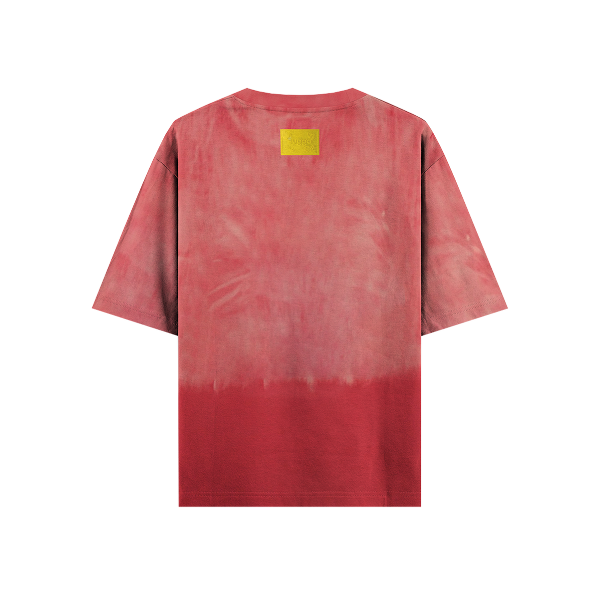 Red and pink tie-dye streetwear T-shirt, oversized fit with yellow patch on the back.