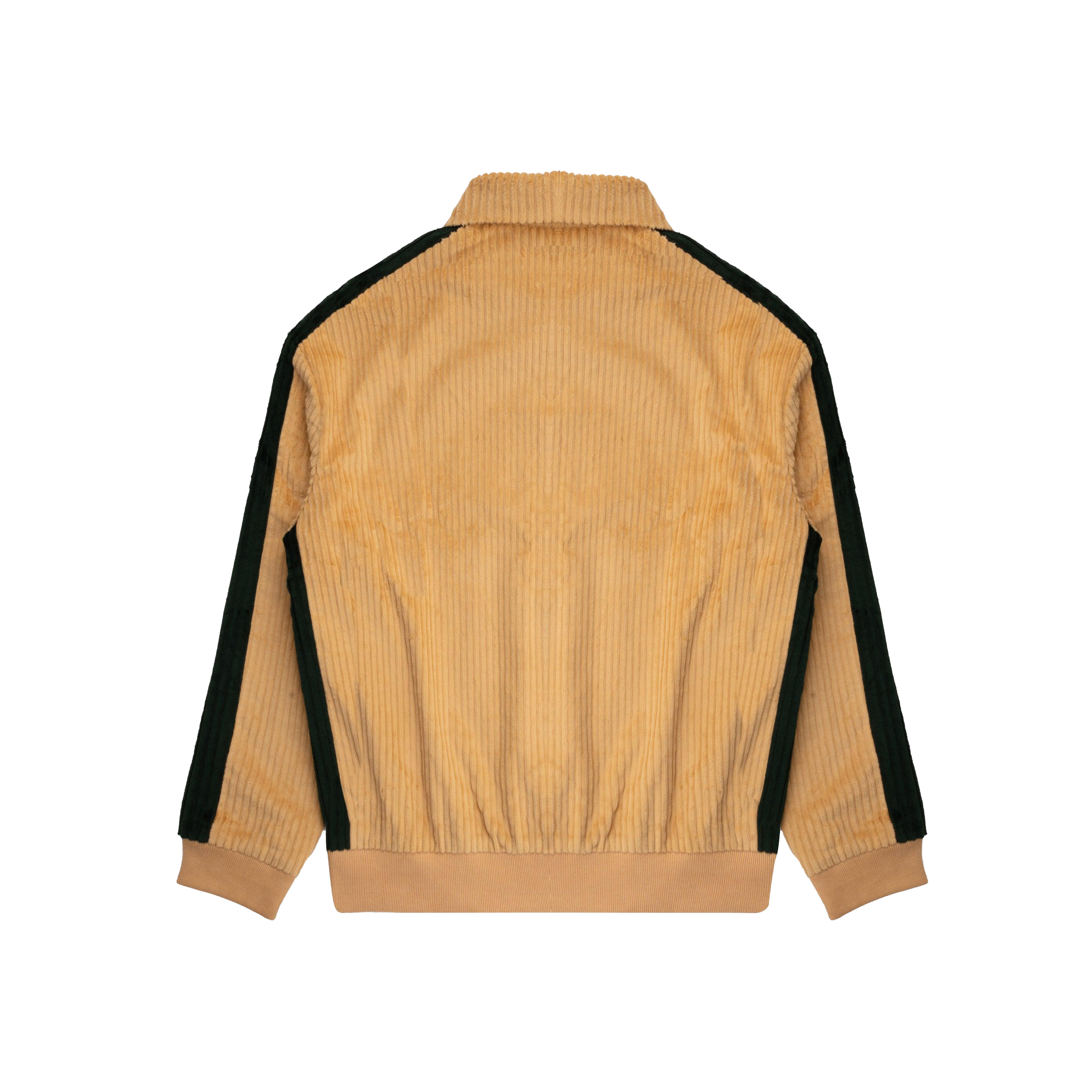 Cream corduroy track jacket with black side stripes, ribbed cuffs, and waistband, rear view