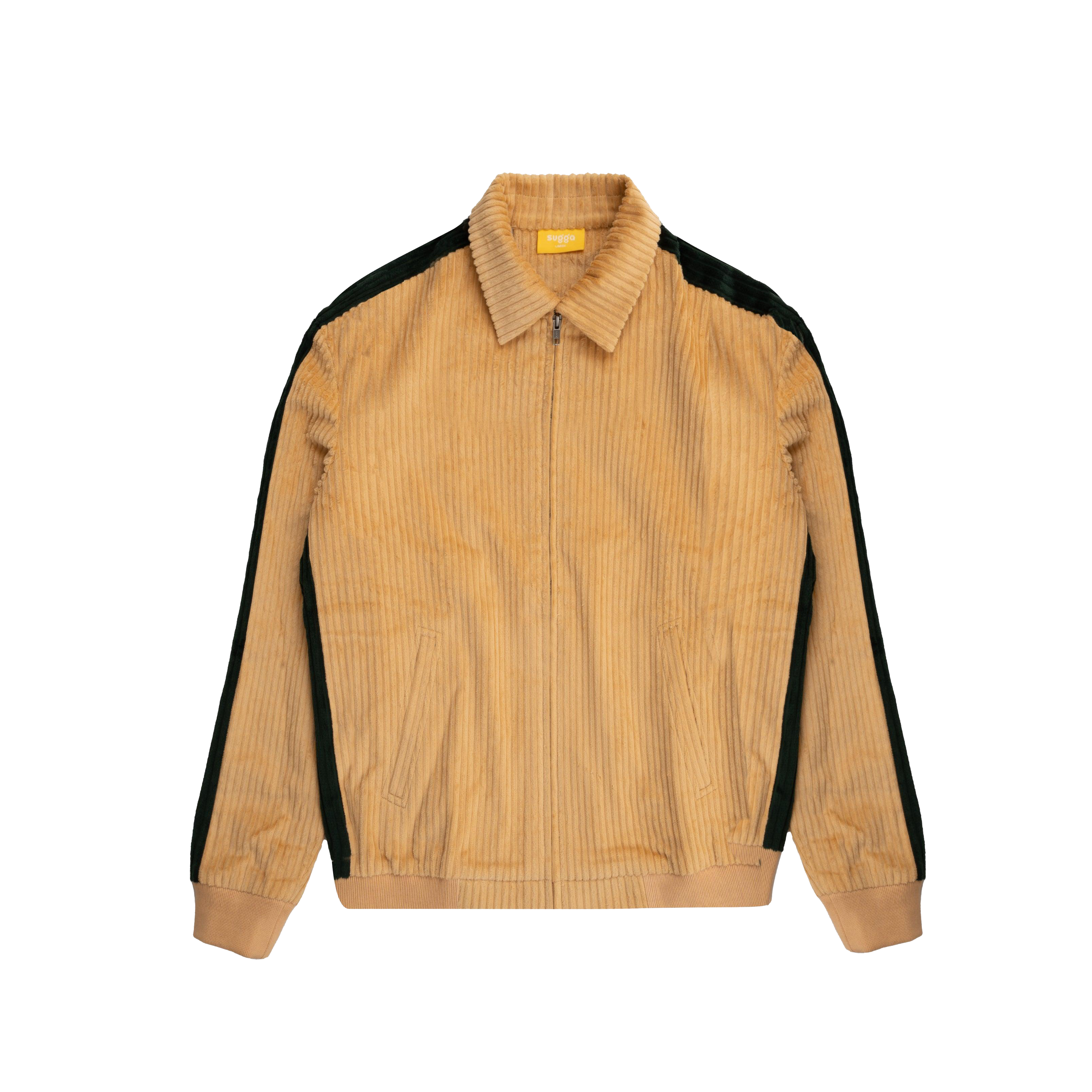 Cream corduroy track jacket with zip front and black side stripe detailing