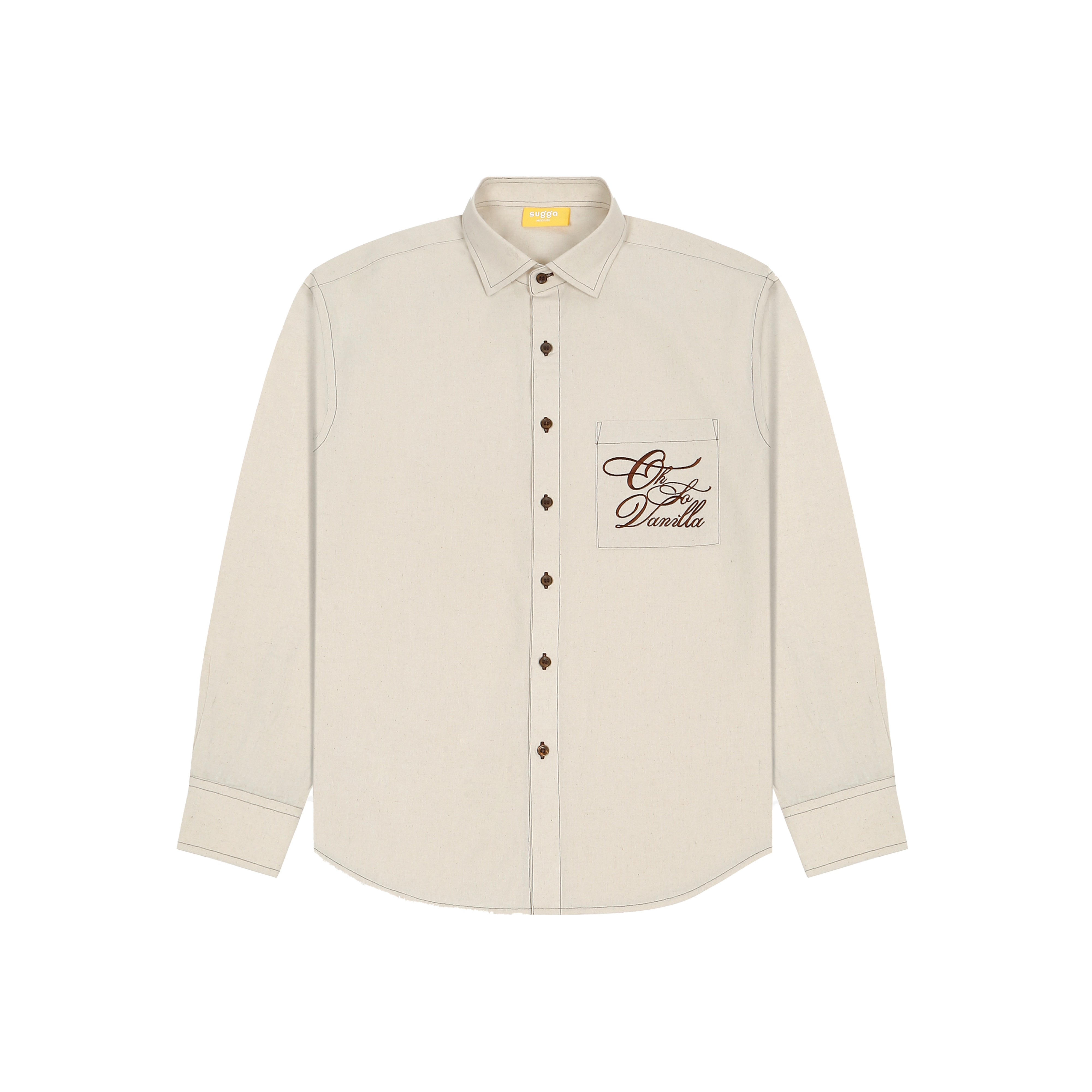 Cream long sleeve button-up shirt with front pocket embroidery reading 'Vanilla' in script
