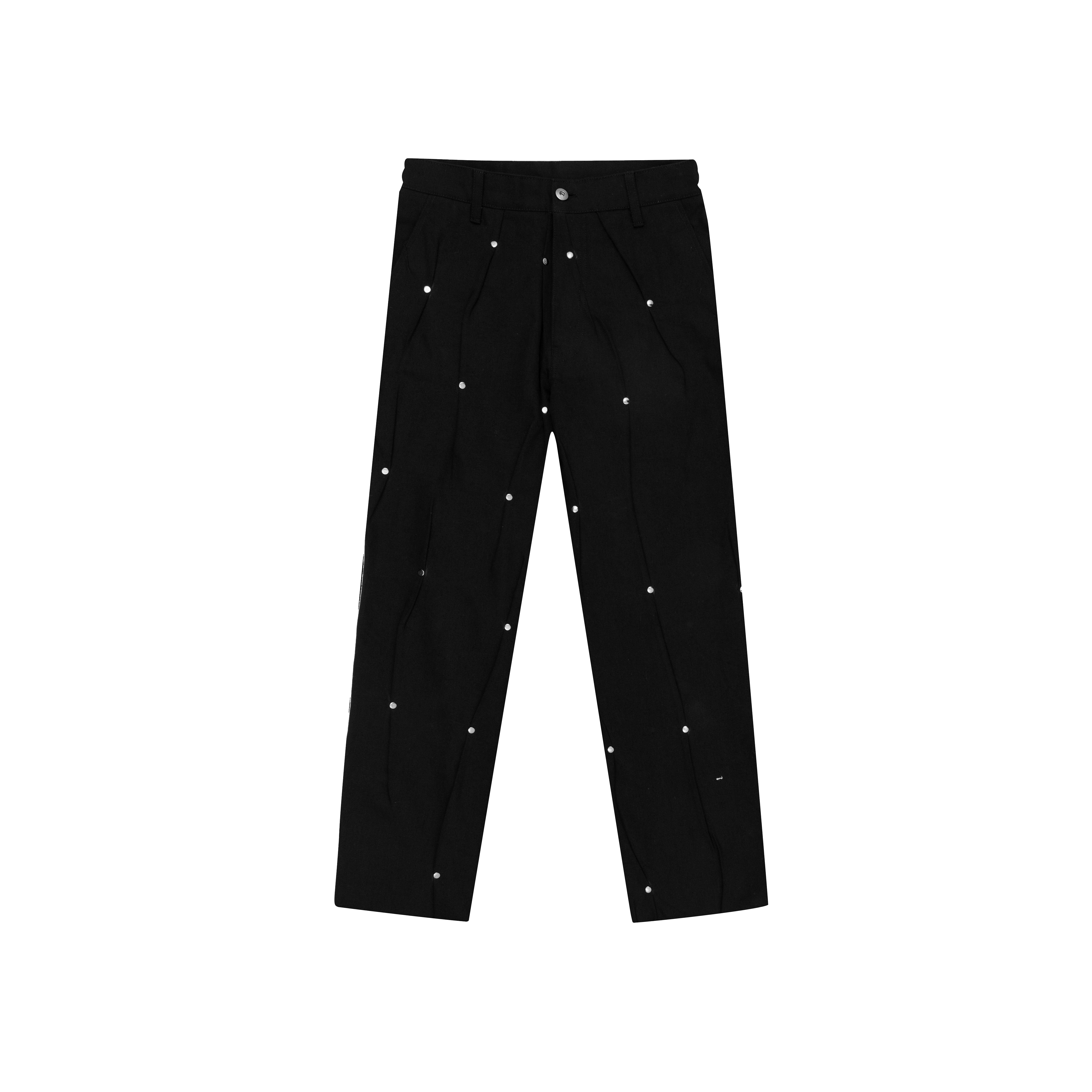 Black straight-leg jeans with silver rivet detailing, streetwear fashion.