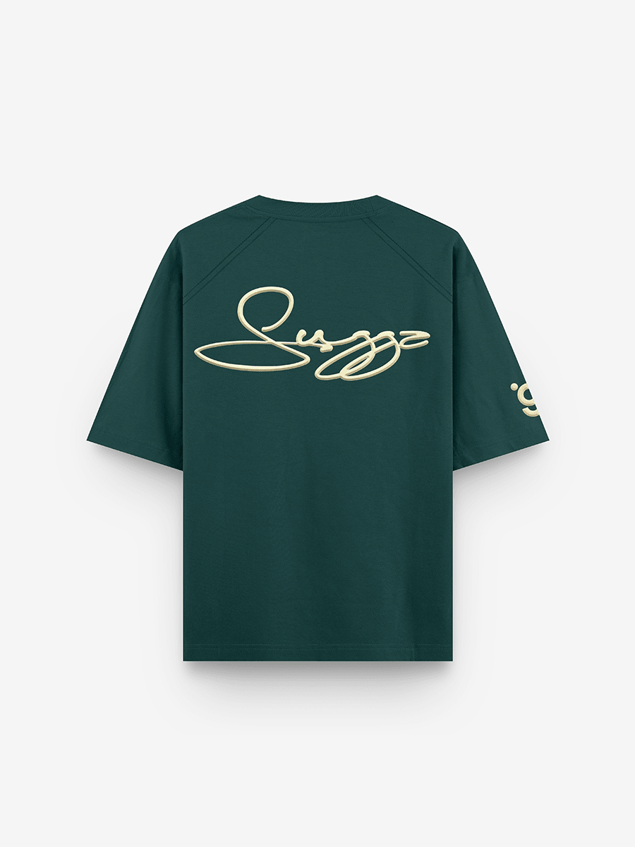 Green streetwear t-shirt with large cream signature print on the back and sleeve accent