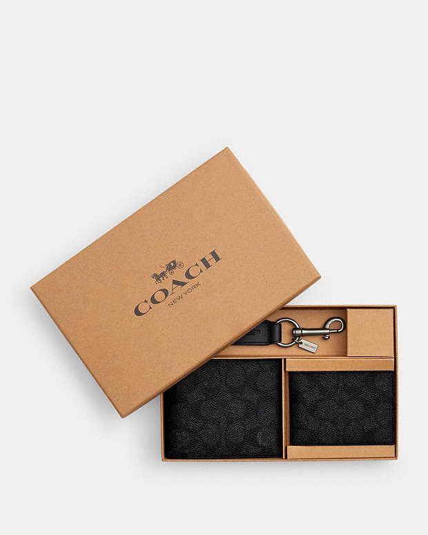 Coach Boxed 3 In 1 Wallet Gift Set In Signature Canvas Signature Canvas-Gunmetal-Charcoal-Black