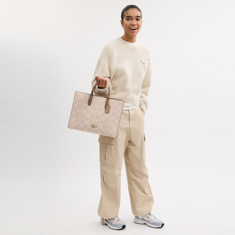 Coach Maggie Tote Bag In Blocked Signature Canvas Gold Sand Tan