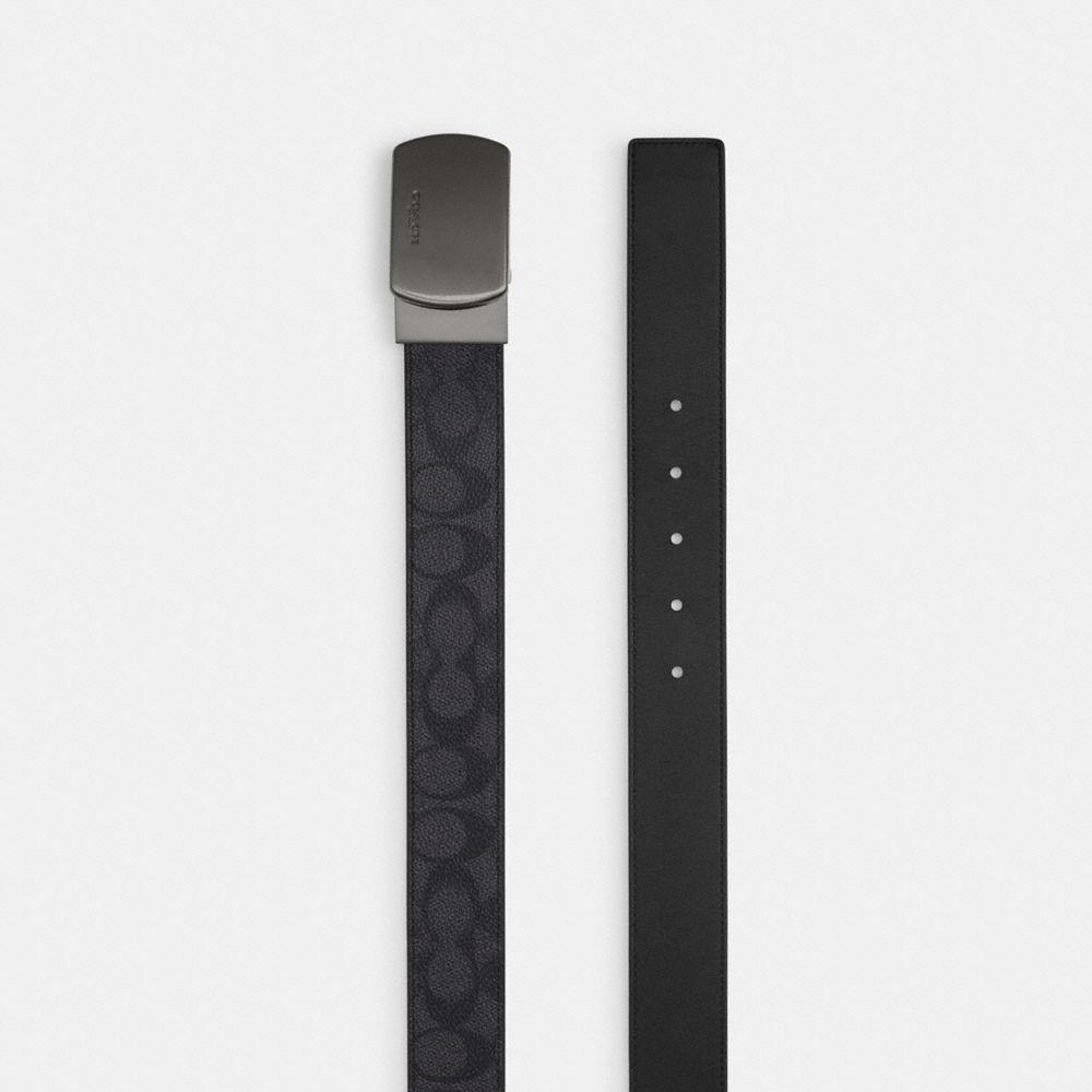 Coach Plaque Buckle Cut To Size Reversible Belt, 38 Mm Gunmetal Charcoal Black