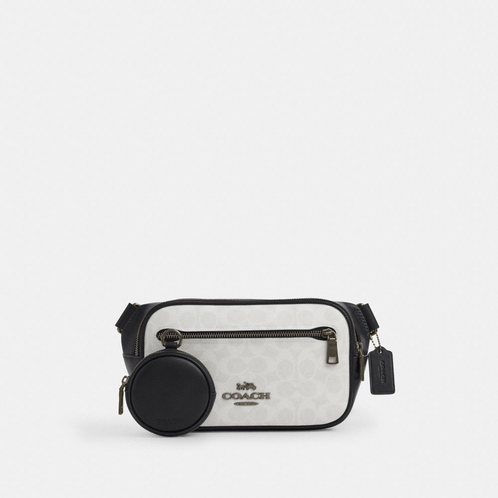 Coach Elias Belt Bag In Signature Canvas Gunmetal Chalk Black