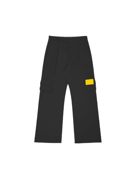 Black streetwear cargo pants with wide legs and a yellow patch on the right thigh pocket