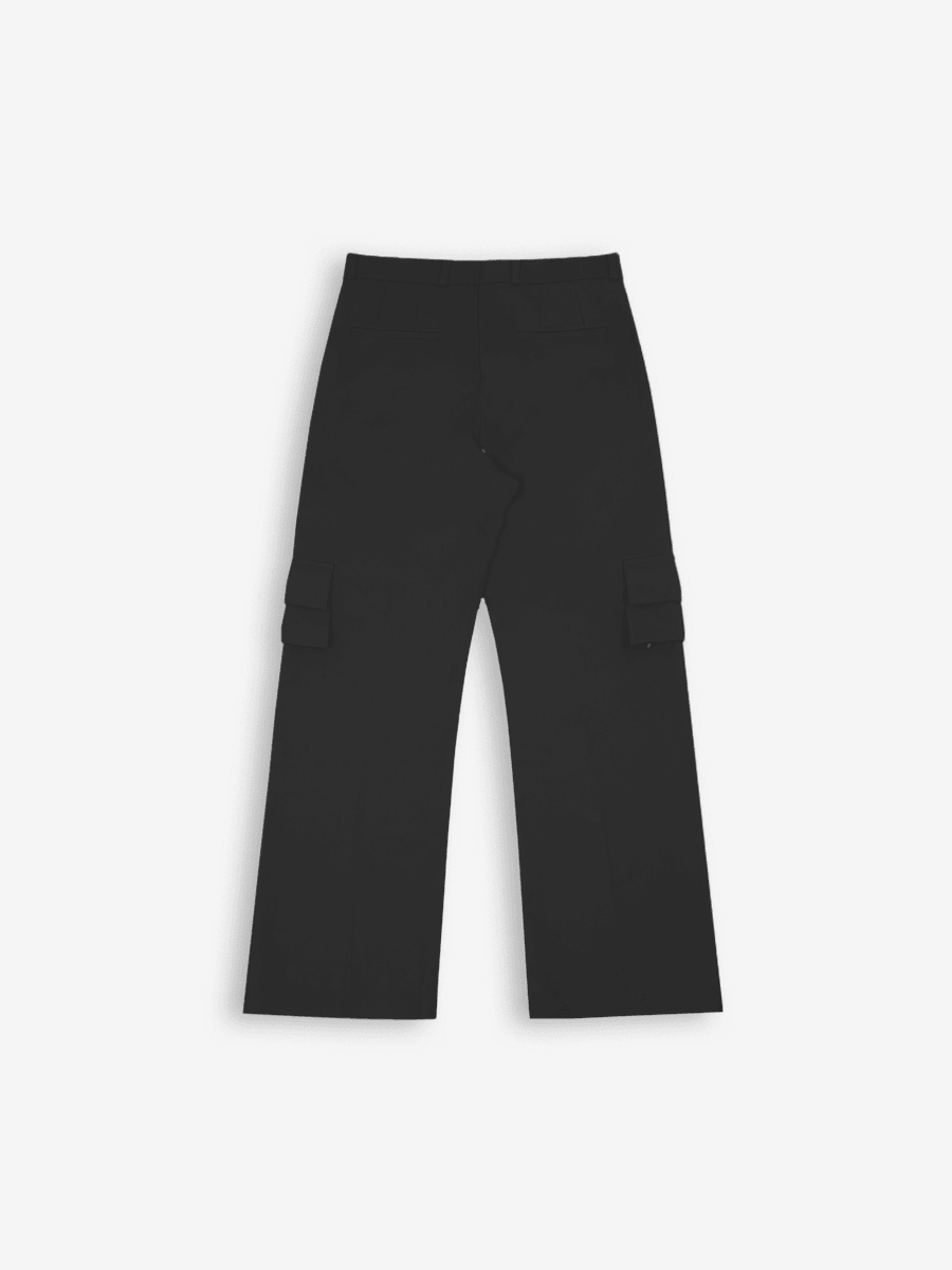 Dark grey straight-leg cargo pants with back pockets and side flap pockets on white background