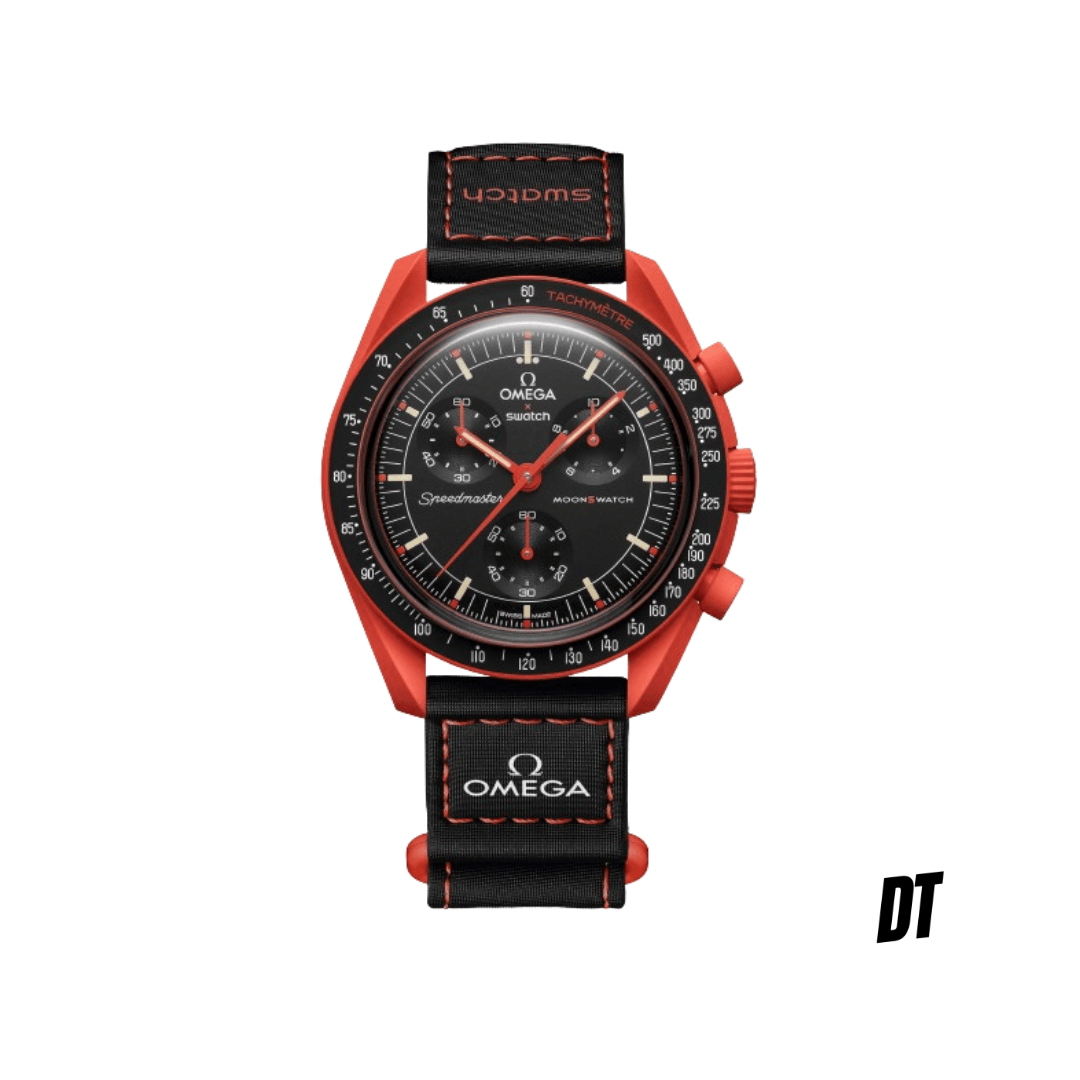 Red and black Omega x Swatch Speedmaster MoonSwatch wristwatch with black strap, white background.