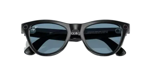 Black round designer sunglasses with blue-tinted lenses and distinctive frame details